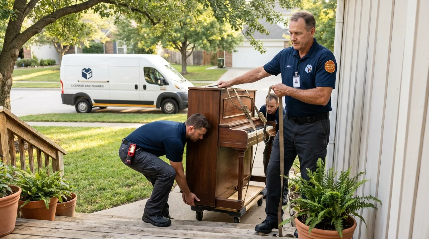 Licensed piano movers securing grand piano in Harriman, TN