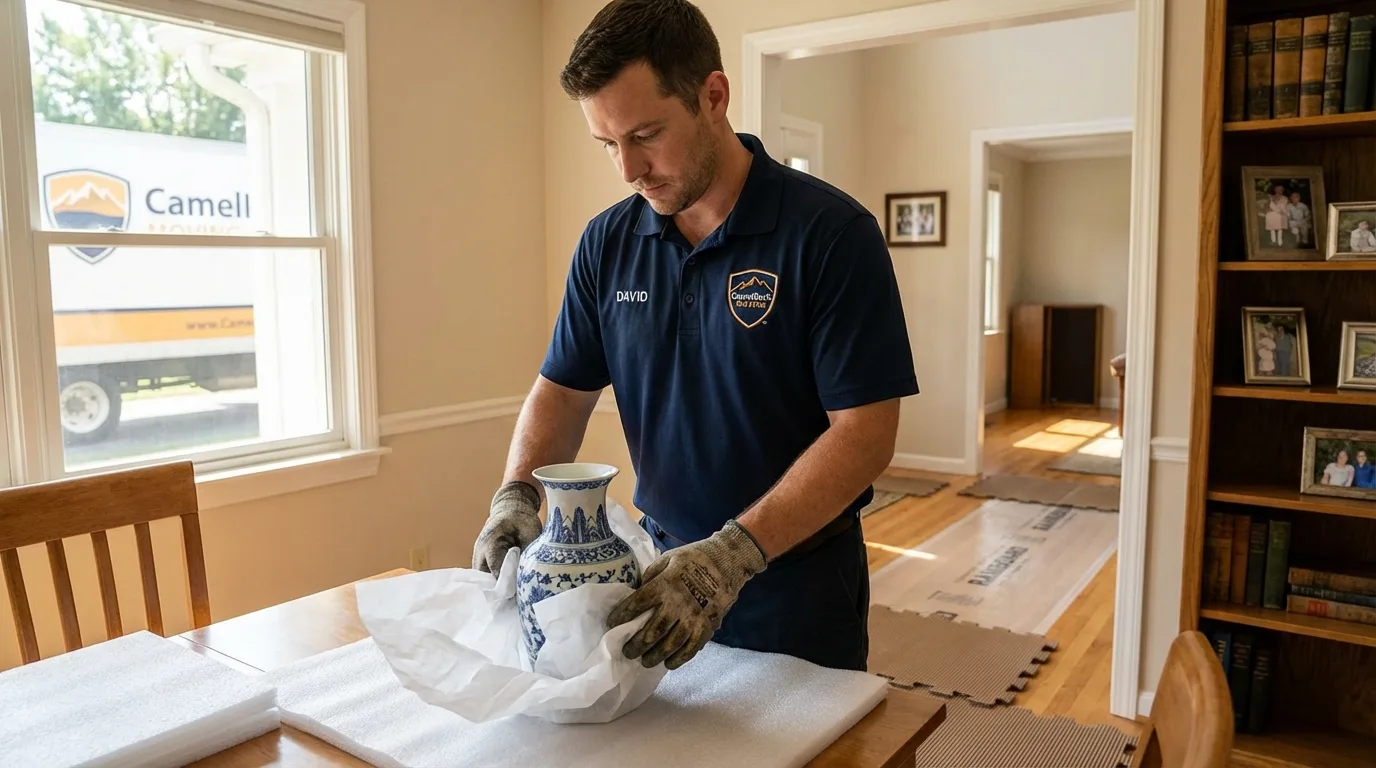 Professional crew carefully wrapping antique vase for senior downsizing move in Harriman, TN